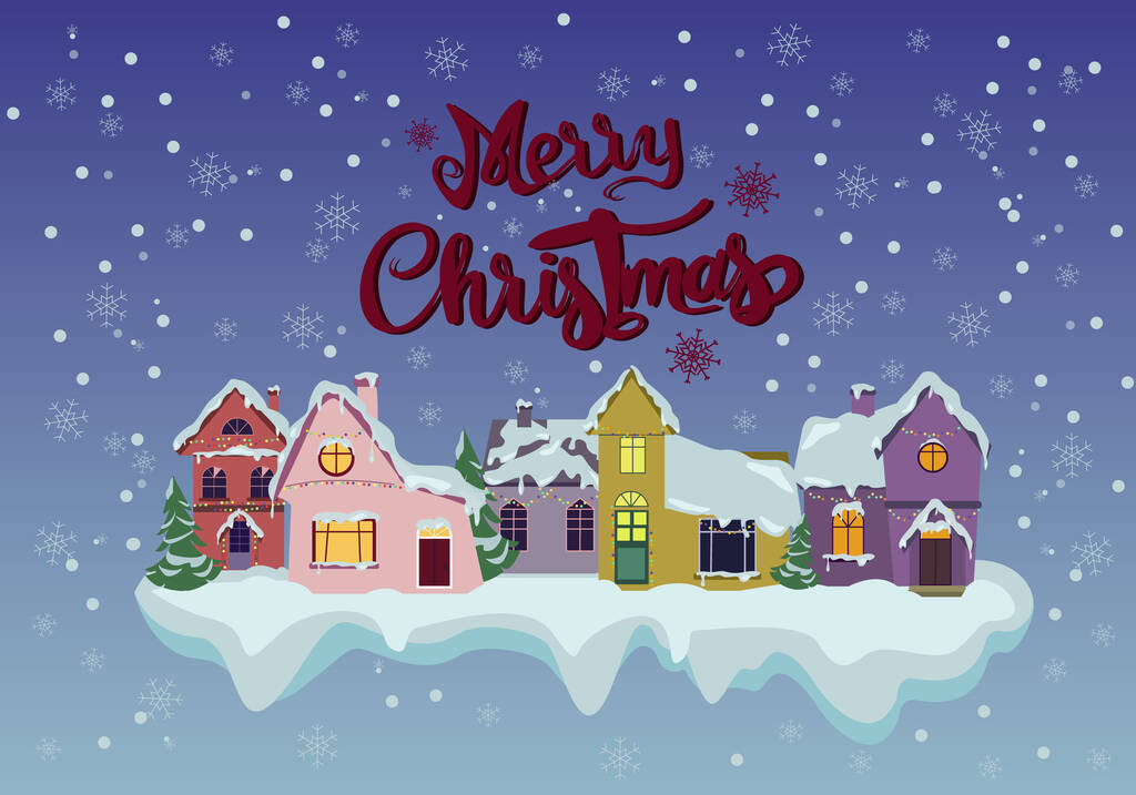 vetor com letras Feliz Natal perto de casas, pinheiros e neve caindo em azul - Vetor, Imagem