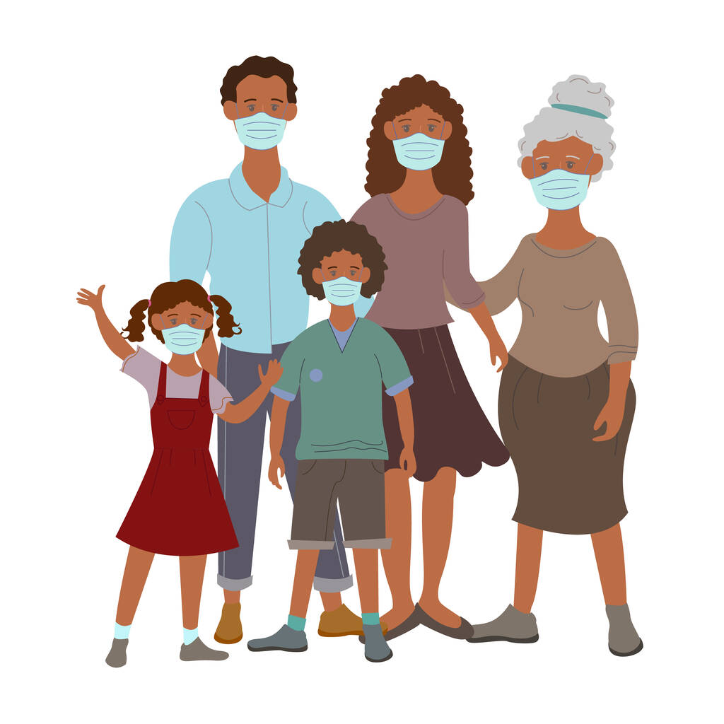 vettoriale coronavirus icone con la famiglia afro-americana in maschere mediche su bianco  - Vettoriali, immagini