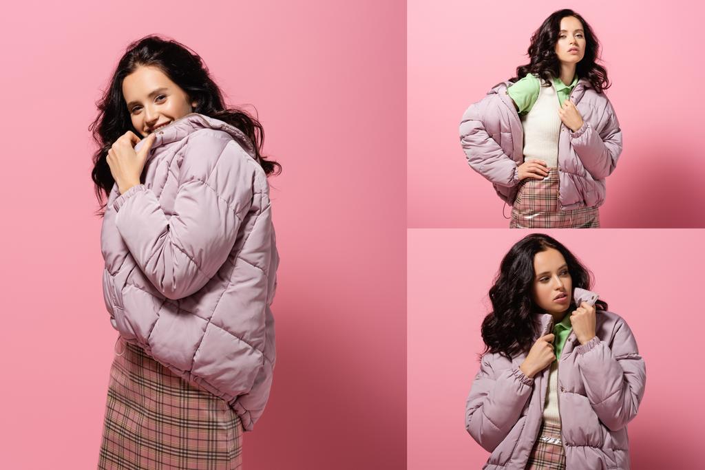 collage de morena joven en chaqueta hinchable posando sobre fondo rosa - Foto, imagen