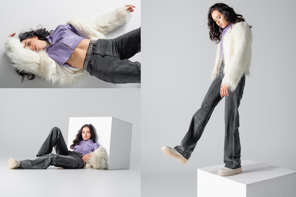 κολάζ της κομψής μελαχρινή νεαρή γυναίκα σε κομψό faux γούνα σακάκι ποζάρουν κοντά σε κύβο σε λευκό φόντο - Φωτογραφία, εικόνα