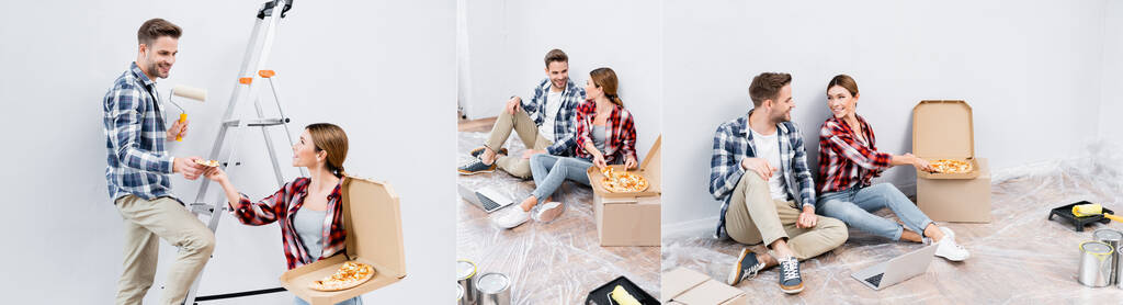 collage szczęśliwej młodej pary patrząc na siebie i siedzi w pobliżu laptopa i pudełka z pizzą na podłodze w domu, baner - Zdjęcie, obraz