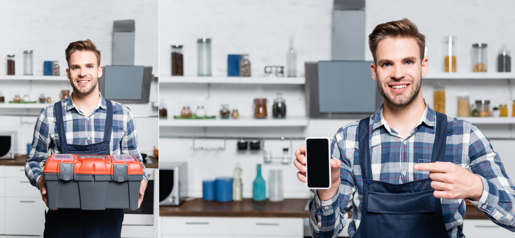 collage di felice riparatore che tiene la cassetta degli attrezzi e punta con il dito lo smartphone con la cucina offuscata sullo sfondo - Foto, immagini