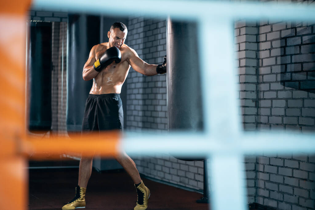 muscular boxer male workout and training with punching bag in gym - Photo, Image