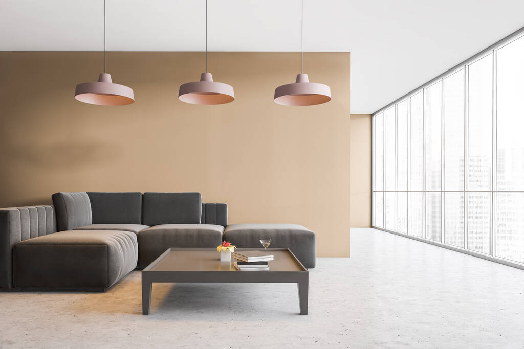 Belső tér elegáns nappali bézs falakkal, beton padló és szürke kanapé dohányzóasztallal. 3D-s renderelés - Fotó, kép
