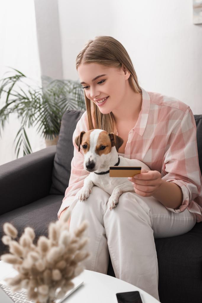 glückliche junge Frau mit Kreditkarte in der Nähe von Jack Russell Terrier und Gadgets  - Foto, Bild