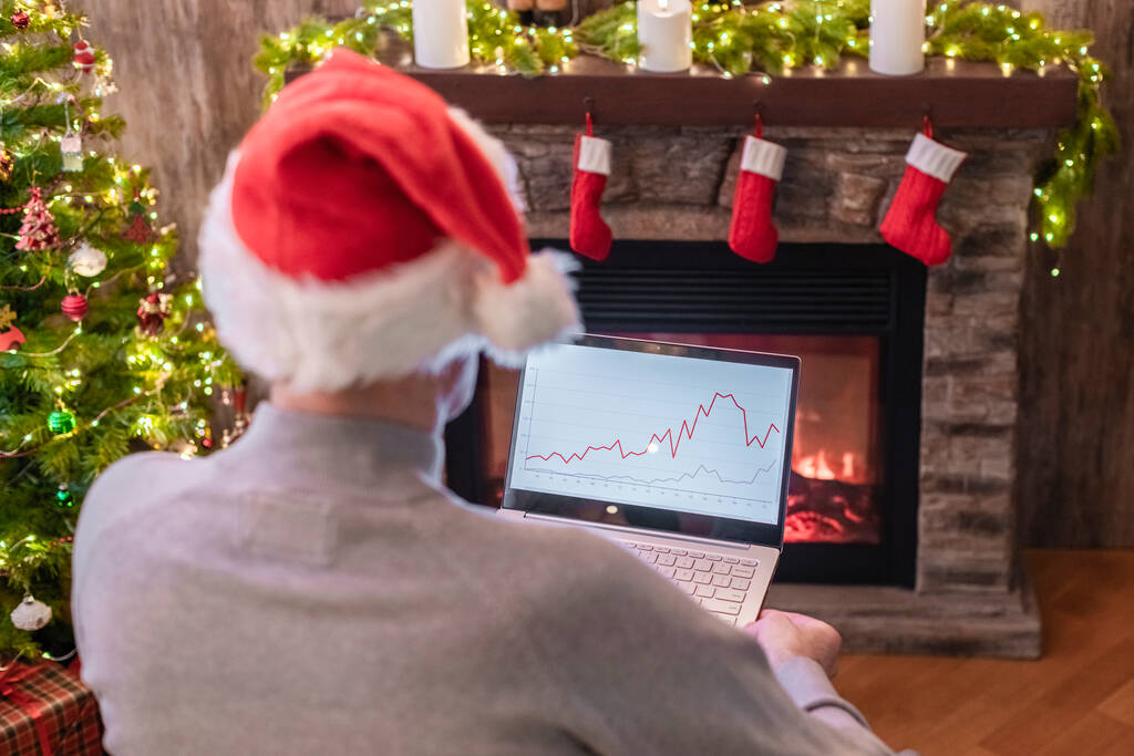 Ελεύθερος επαγγελματίας στο καπέλο Santa Claus που εργάζεται σε φορητό υπολογιστή με γραφήματα και διαγράμματα στην οθόνη κάθεται κοντά στο χριστουγεννιάτικο δέντρο και τζάκι. - Φωτογραφία, εικόνα