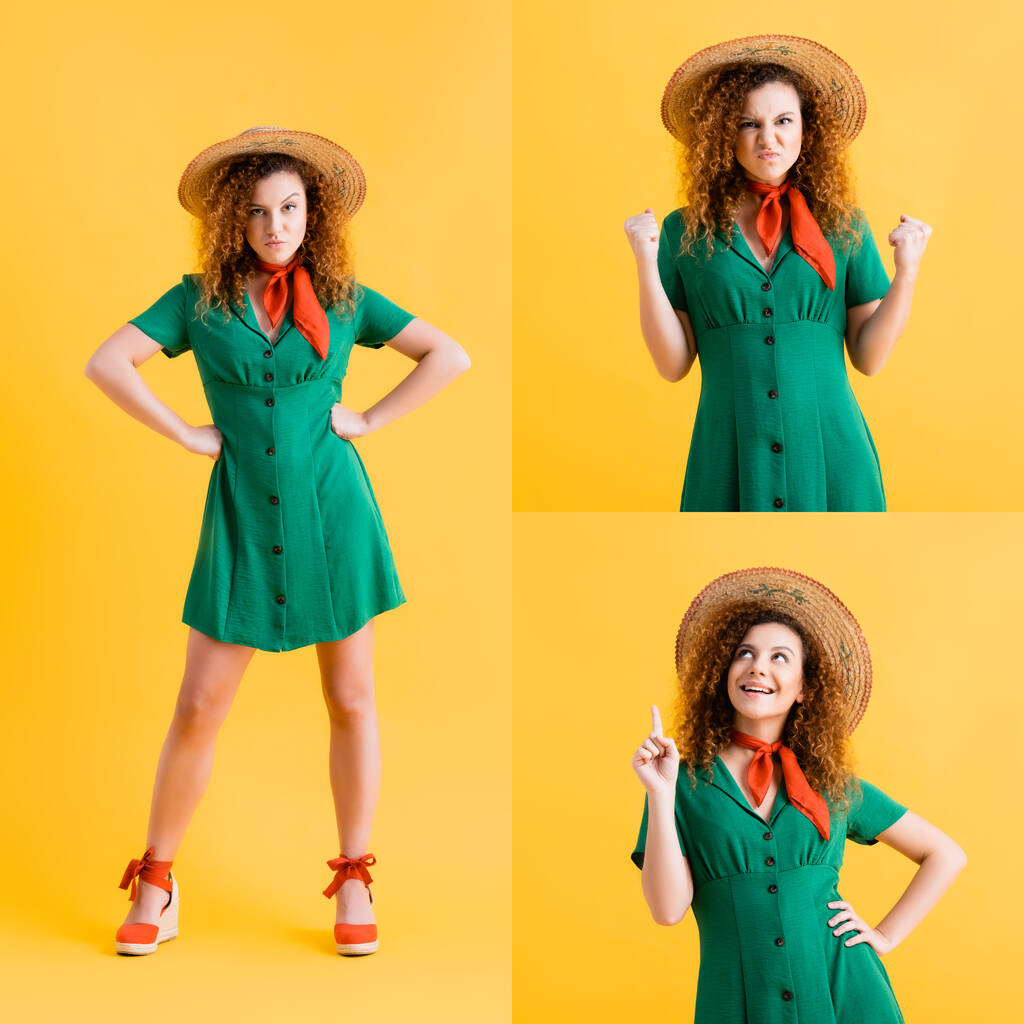 collage of dissatisfied woman in green dress standing with hands on hips, showing clenched fists and pointing with finger while smiling on yellow - Photo, Image