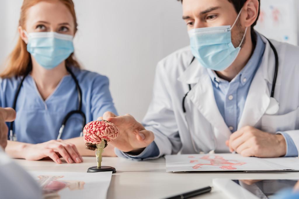 Lékař v lékařské masce dotýká mozku anatomický model, zatímco sedí na pracovišti v blízkosti kolegů na rozmazané popředí - Fotografie, Obrázek
