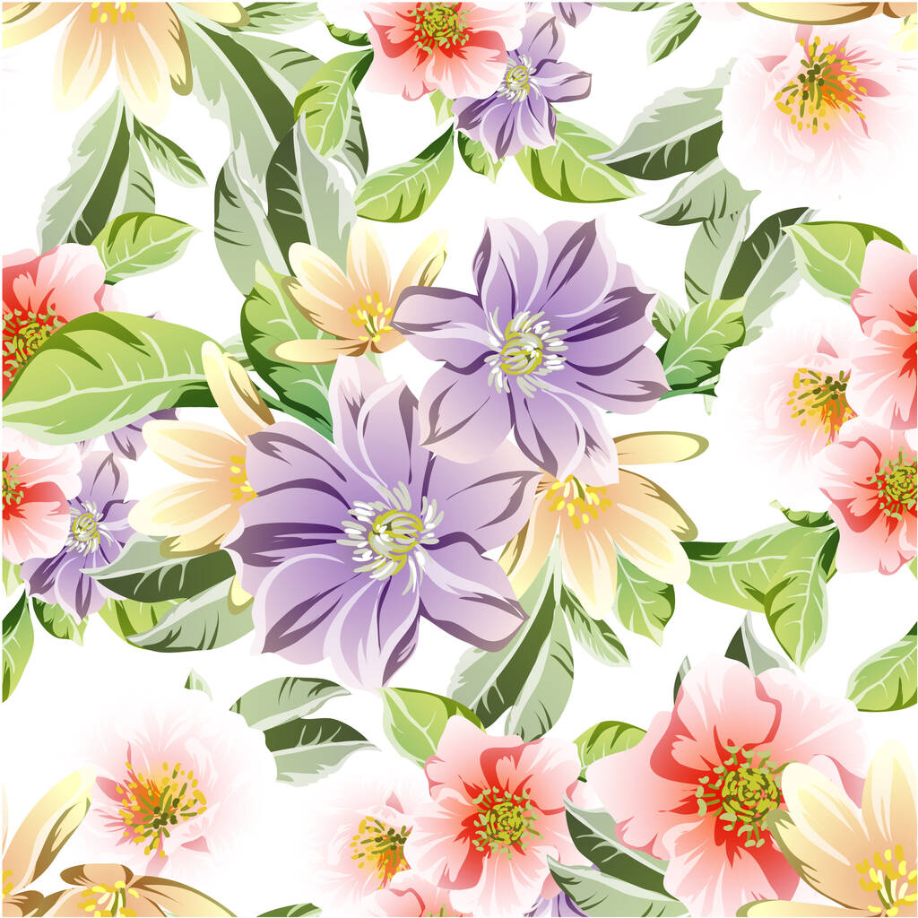 美しいカラフルな花、シームレスなベクトルパターン  - ベクター画像