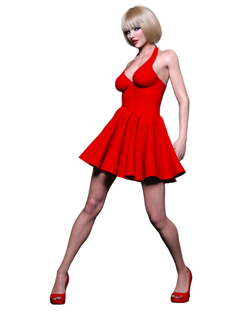 Όμορφη ξανθιά γυναίκα κόκκινο κοντό φόρεμα.Καλοκαίρι ρούχα συλλογή.Φωτεινό μακιγιάζ.Γυναίκα στούντιο φωτογραφία. εννοιολογική μόδα τέχνη.Γραφείο επιχειρηματικό στυλ.Θηλυκό μοιραίο.3D Render. - Φωτογραφία, εικόνα
