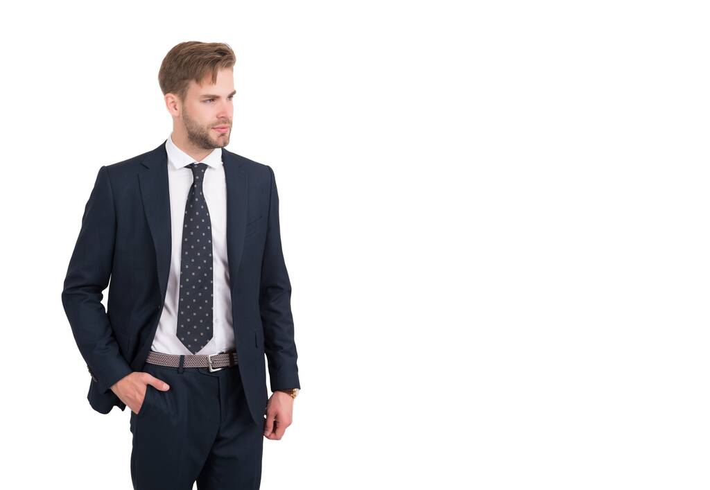 zelfverzekerde stijlvolle ceo man in jas en broek met stropdas heeft succesvolle zaken in de verzekeringsindustrie, kopieerruimte, behendig bedrijf - Foto, afbeelding