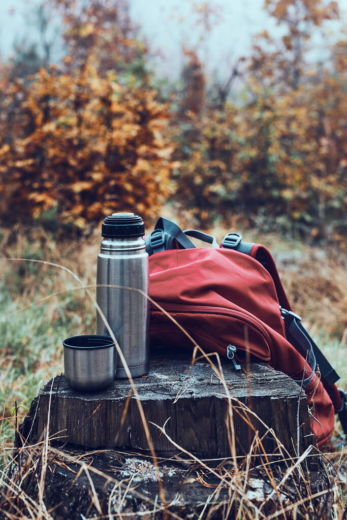 Fechar tiro de garrafa térmica e mochila colocada por tronco de árvore durante a pausa durante a viagem de outono no dia frio de outono - Foto, Imagem
