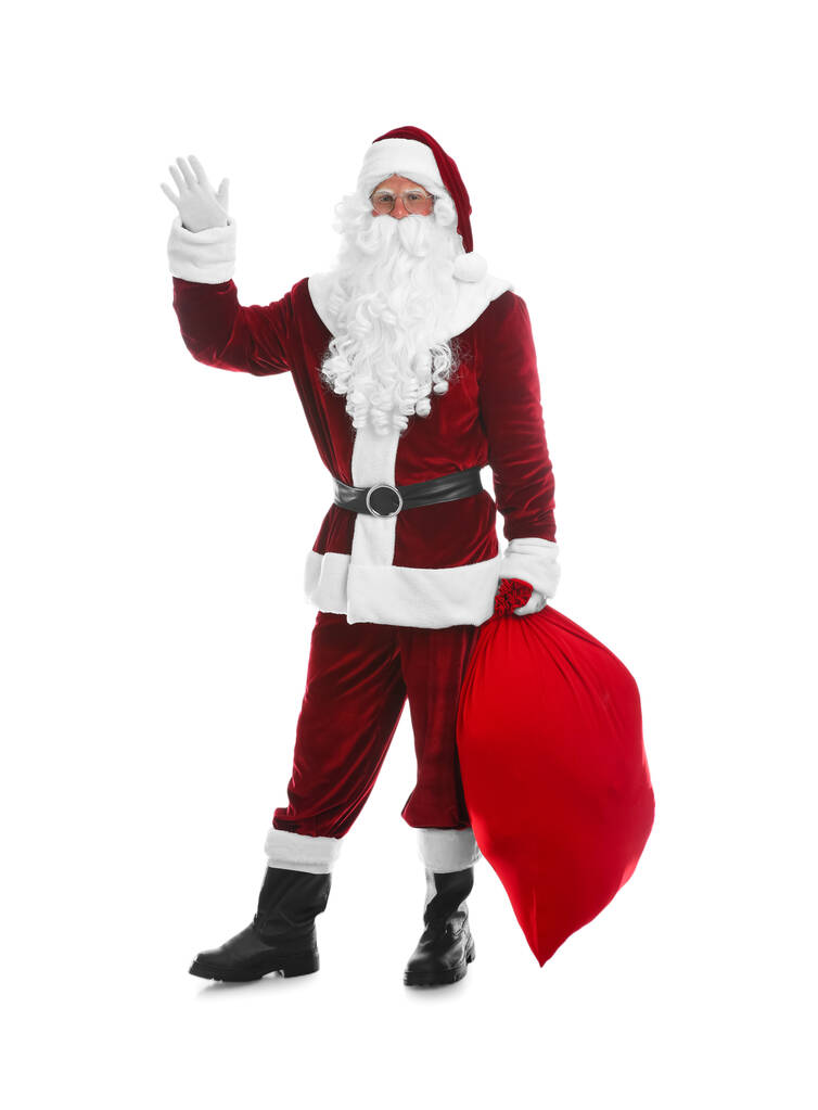 Święty Mikołaj z workiem na białym tle - Zdjęcie, obraz