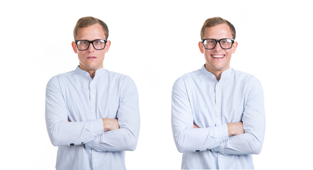 Deux portraits d'un jeune homme en lunettes une chemise. L'étudiant est de bonne ou de mauvaise humeur. Des émotions opposées, tristes et gaies, heureuses et malheureuses. - Photo, image