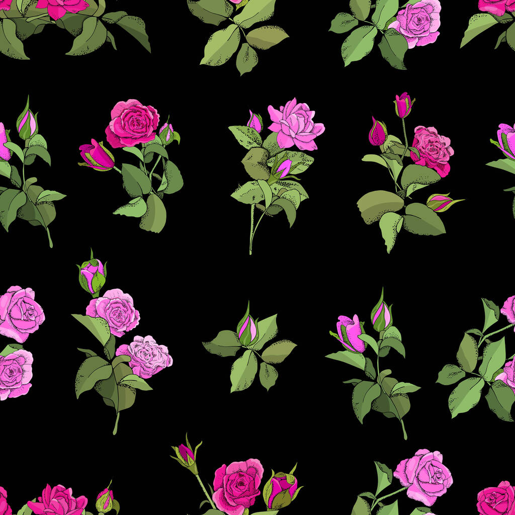 花のシームレスなパターン。バラのベクトル手描きイラスト。織物、壁紙、ファブリック、ギフトボックス、グリーティングカードと招待状のために - ベクター画像