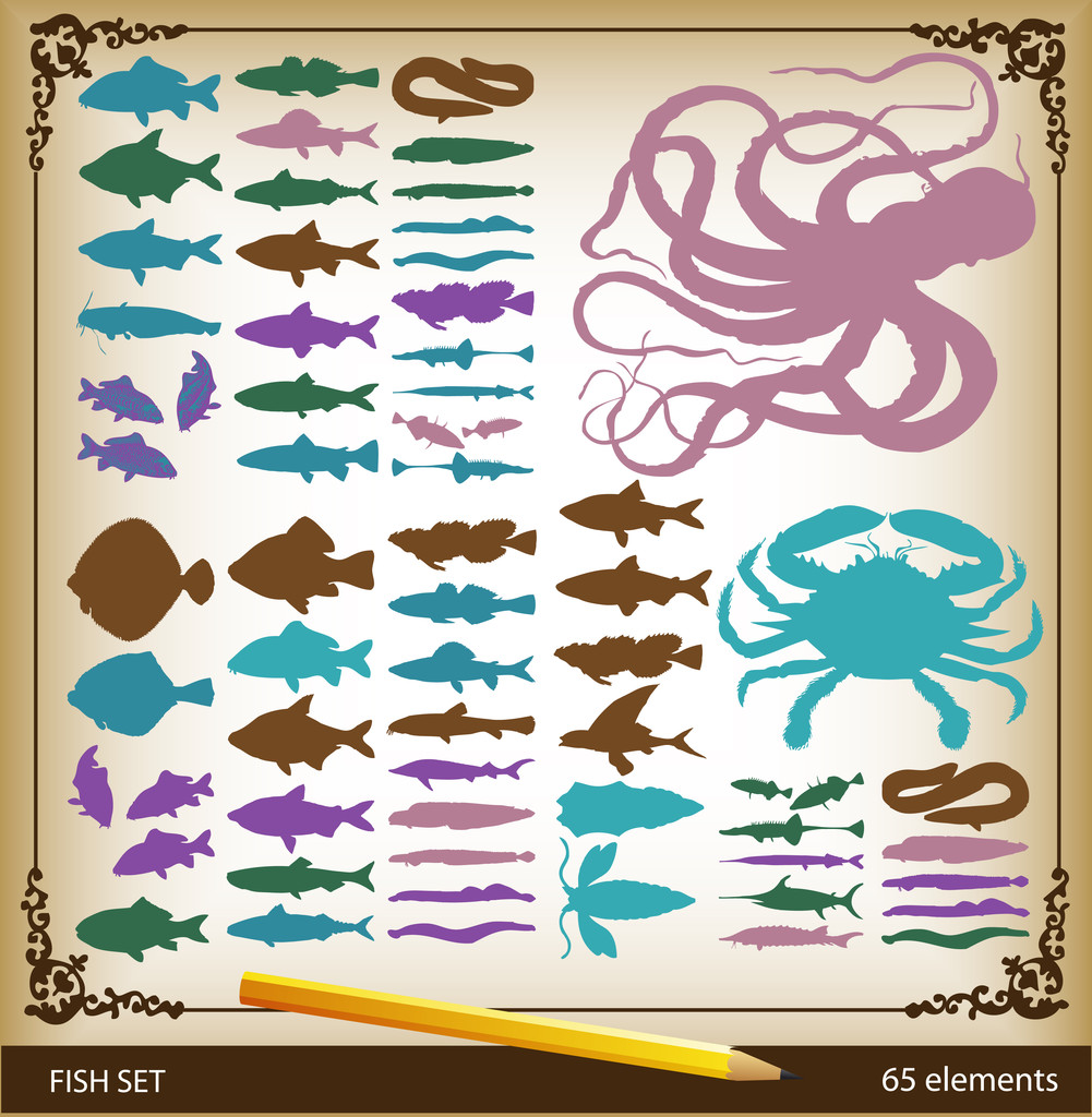 Conjunto vectorial de peces, pulpo y cangrejo en estilo vintage con lápiz amarillo
 - Vector, Imagen