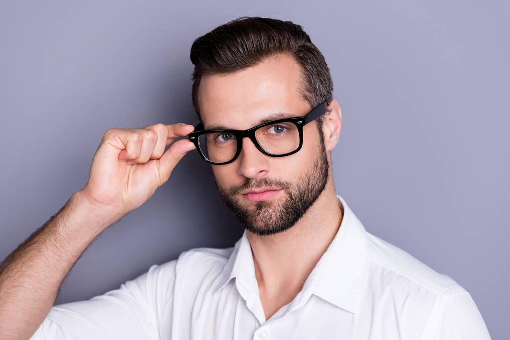 Close up photo of trendy stylish stunning lawyer executive man touch specs enjoy his new healthcare eye care oculist product lenses wear white shirt isolated over gray color background - 写真・画像