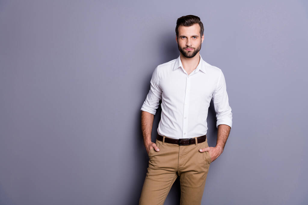 Portrait of reliable minded executive representative marketer man put hands trousers look classy attract charming woman wear white clothes isolated over gray color background - Photo, Image