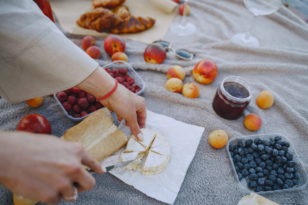 Picknick-Set mit Obst, Käse und Wein auf einer Decke - Foto, Bild