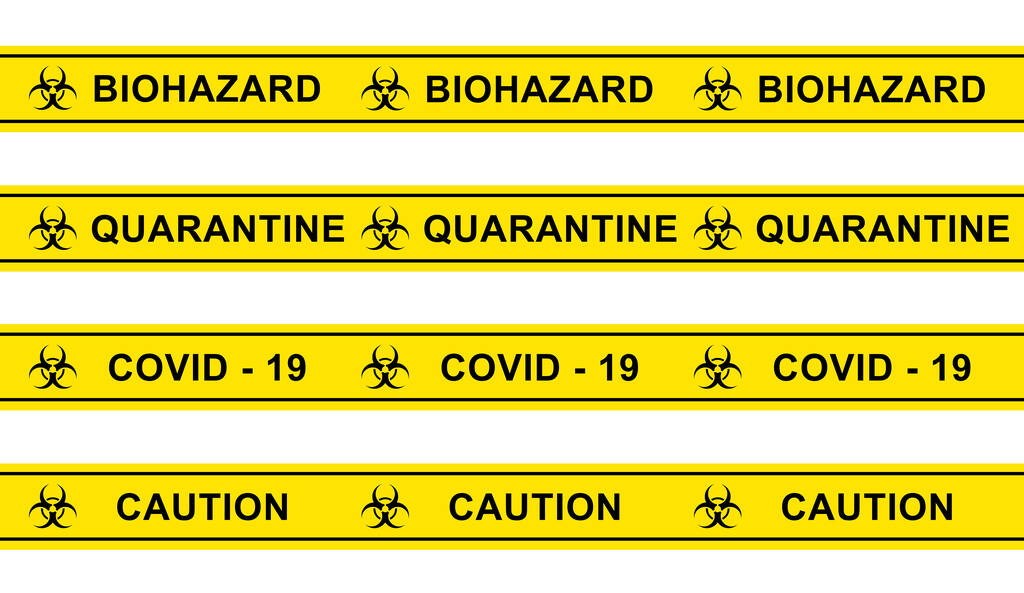 Желтая баррикадная лента с различными предупреждениями о карантине COVID-19 на фоне почему - Фото, изображение
