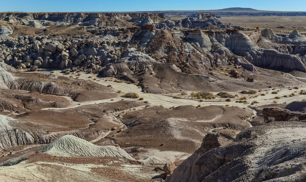 Η Ζωγραφισμένη Έρημος σε μια ηλιόλουστη μέρα. Ποικίλες ιζηματογενείς πέτρες και πηλός ξεπλένονται από το νερό. Εθνικό Πάρκο Απολιθωμένου Δάσους, ΗΠΑ, Αριζόνα - Φωτογραφία, εικόνα