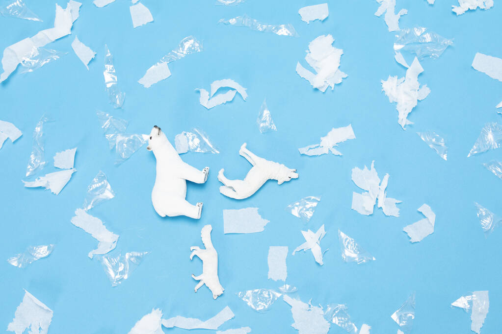 プラスチックと紙で囲まれた死んだホッキョクグマと犬のおもちゃのクローズアップショット - 写真・画像
