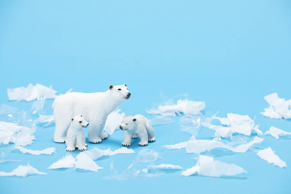 Un primo piano di giocattoli di orso polare circondati da pezzi di plastica e carta su sfondo blu - Foto, immagini