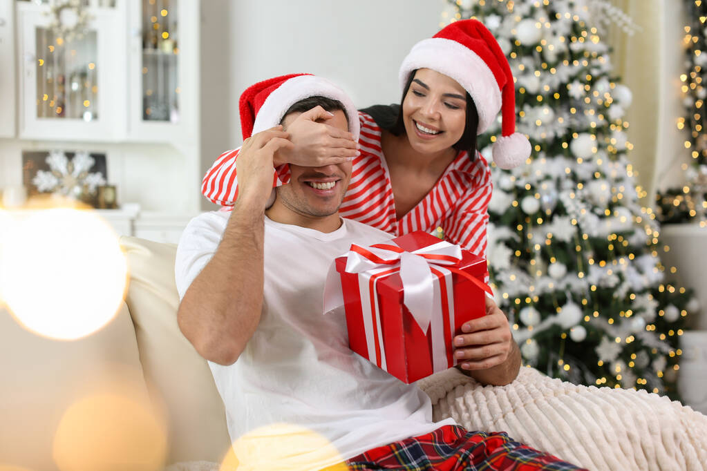 Mujer joven que presenta regalo de Navidad a su novio en casa - Foto, Imagen