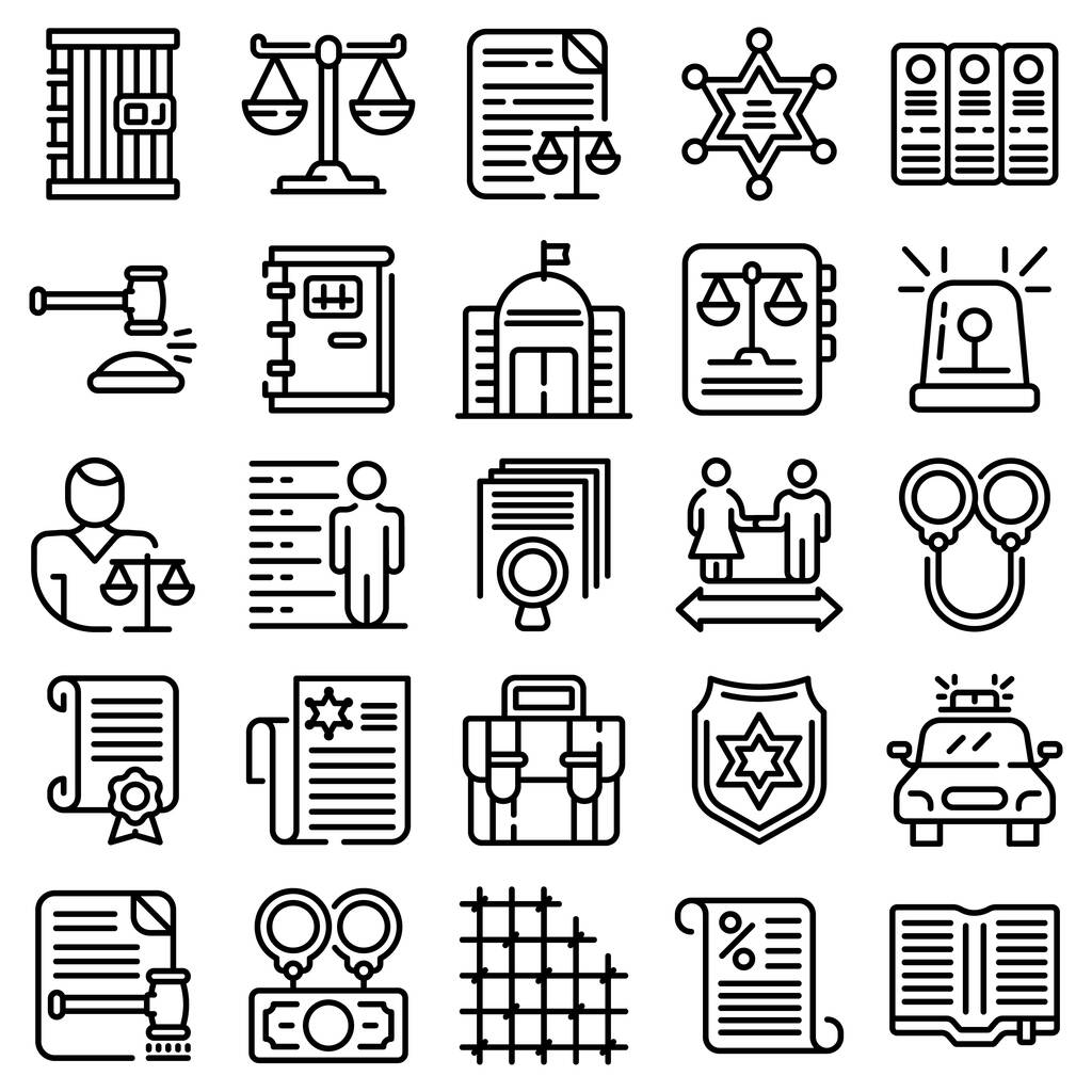 Conjunto de iconos de justicia penal, estilo de esquema - Vector, imagen