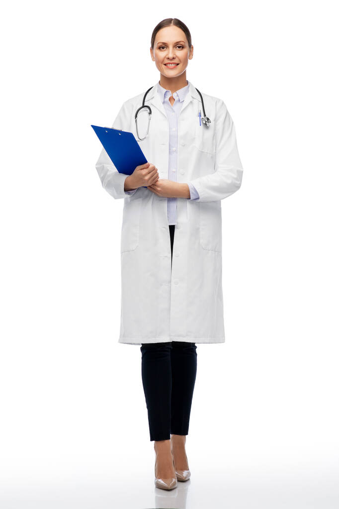 happy smiling female doctor with clipboard - Photo, Image
