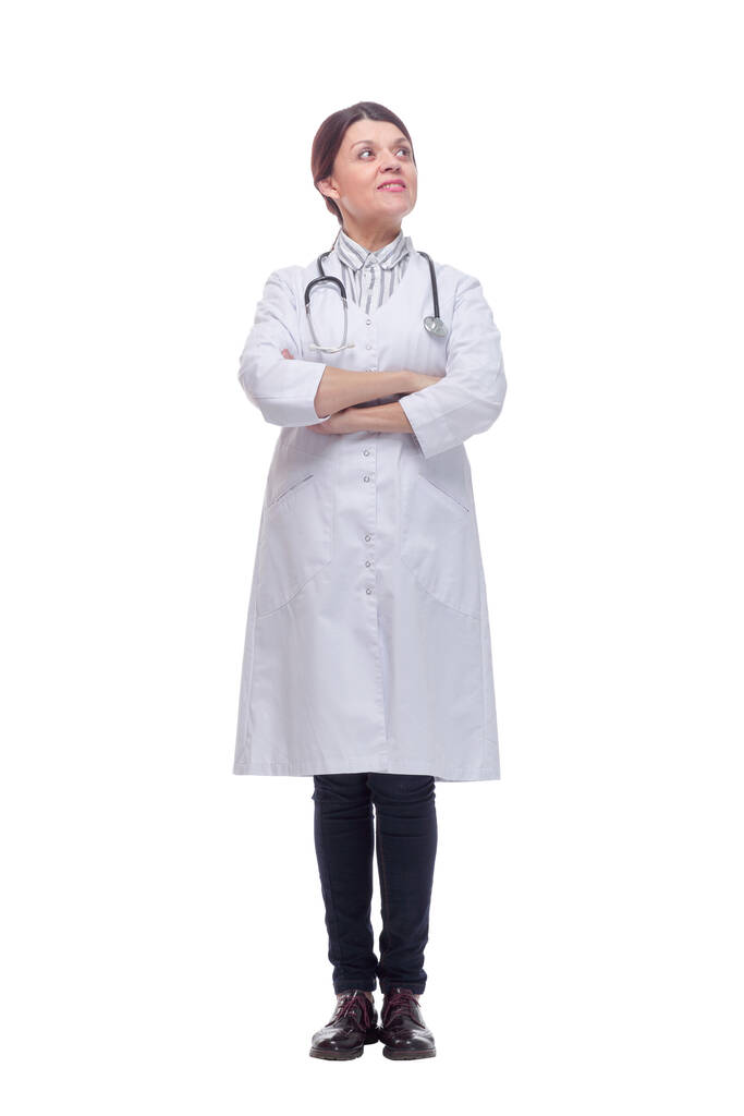 Портрет жінки-лікаря з білим пальто, що перетинає руки
 - Фото, зображення