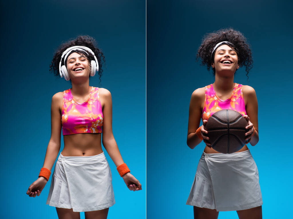 collage de mujer sonriente en ropa deportiva sosteniendo baloncesto y escuchando música en auriculares inalámbricos en azul - Foto, imagen