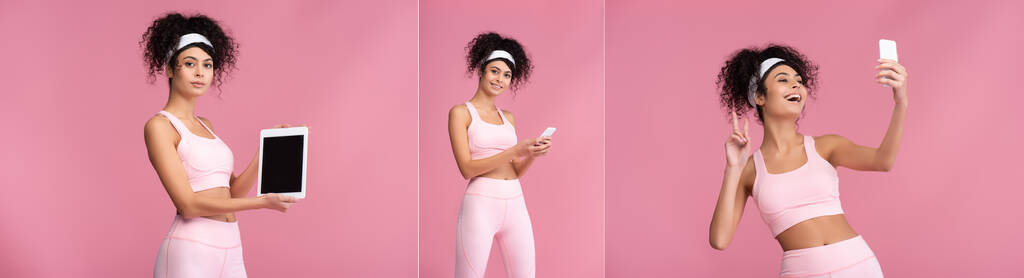 κολάζ των ευτυχισμένων αθλητριών που χρησιμοποιούν gadgets απομονώνονται σε ροζ  - Φωτογραφία, εικόνα