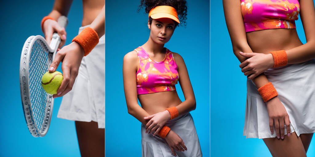 collage of sportive young woman holding tennis racket and ball on blue - Photo, Image