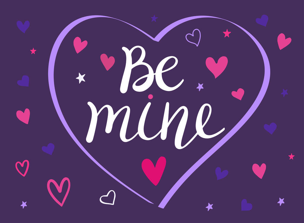 Hand lettering words Be mine in purple heart with hearts, romantic greeting card, modern typography for poster, vector art. Valentine Day Calligraphy Vector - Vector, Image