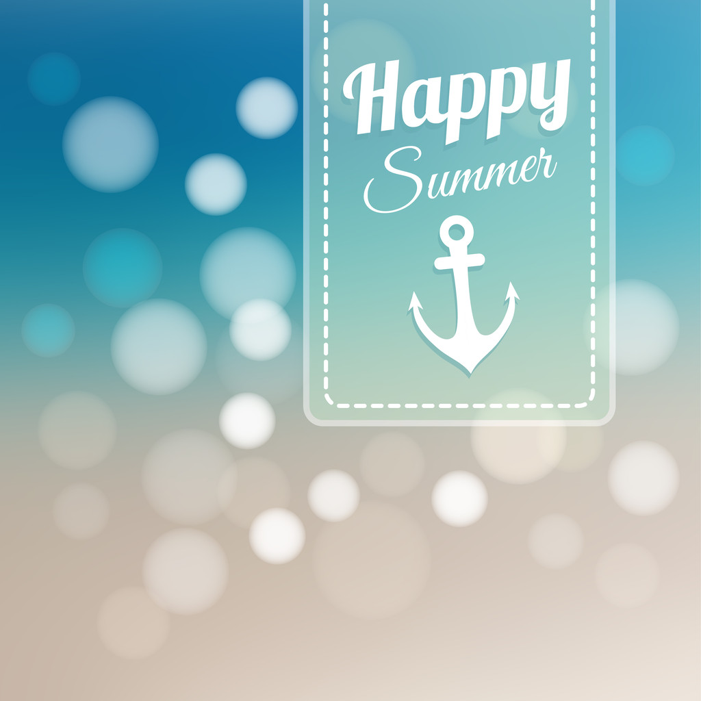 nyári kártya homályos strand háttér és a bokeh fények, vektoros illusztráció - Vektor, kép
