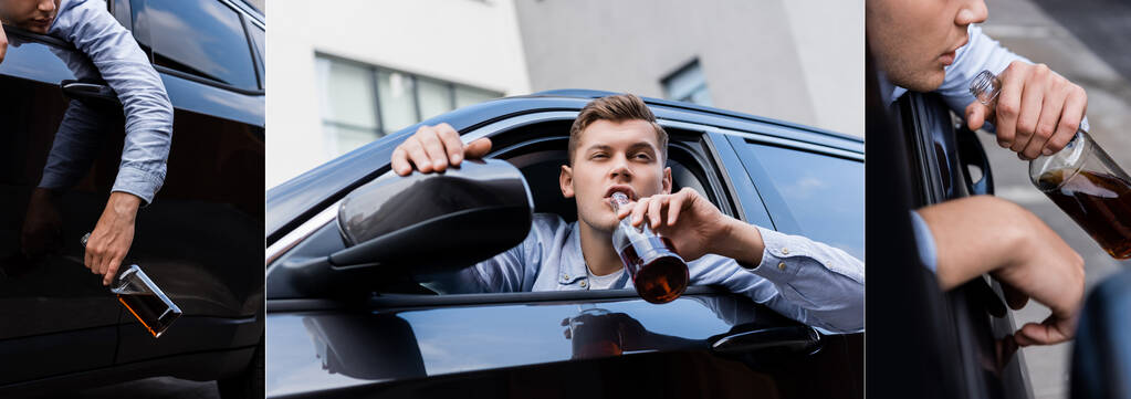kolaż pijanego człowieka z butelką whisky w fotelu kierowcy w samochodzie, baner - Zdjęcie, obraz