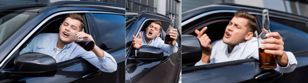 Коллаж пьяного человека, держащего бутылку виски, кричащего и показывающего прийти сюда жест, сидя в машине, баннер - Фото, изображение