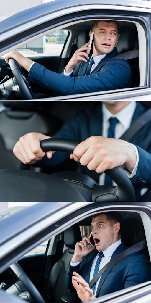 Collage of businessman talking on smartphone and driving car, banner - Photo, Image
