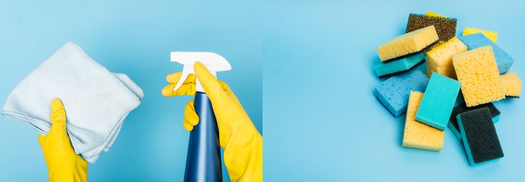 Коллаж человека в резиновых перчатках с моющим средством и тряпкой и губками на синем фоне, баннер  - Фото, изображение