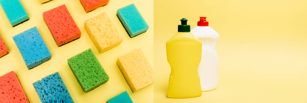 Коллаж губок и бутылок жидкости для мытья посуды на желтом фоне, баннер - Фото, изображение