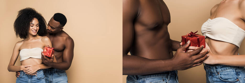 collage di uomo afroamericano senza camicia che dà regalo avvolto alla donna sul beige - Foto, immagini