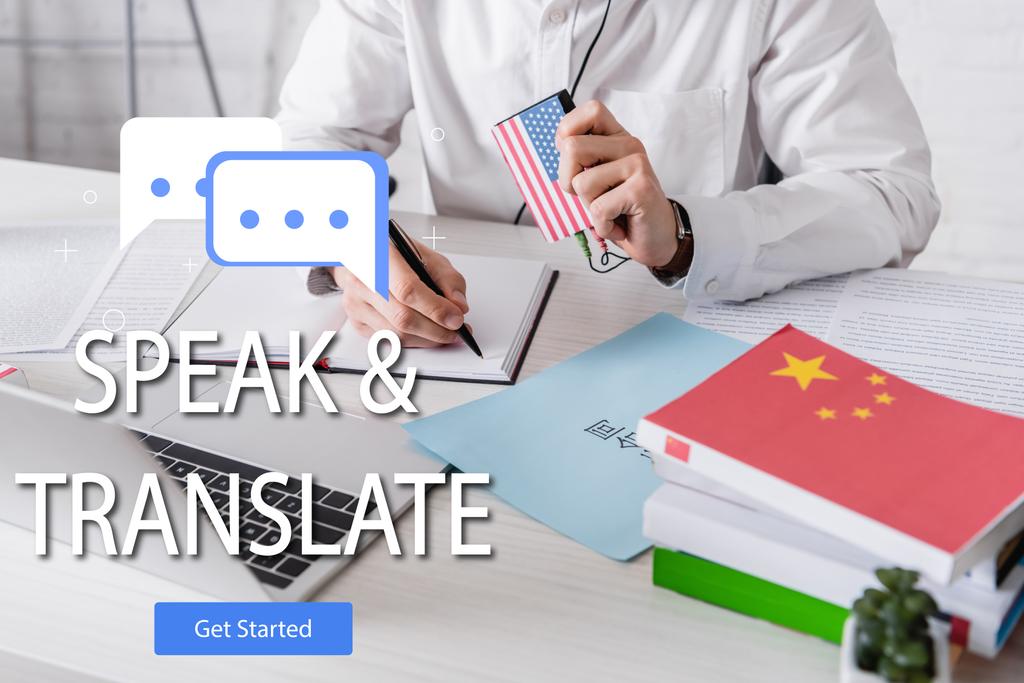 cropped view of interpreter working near paper with hieroglyphs, speak and translate lettering and get started icon illustration. Translation: "international contract" - Photo, Image