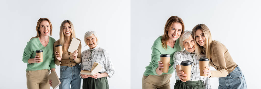 collage of three generation of happy women holding paper cups and books isolated on white - Photo, Image