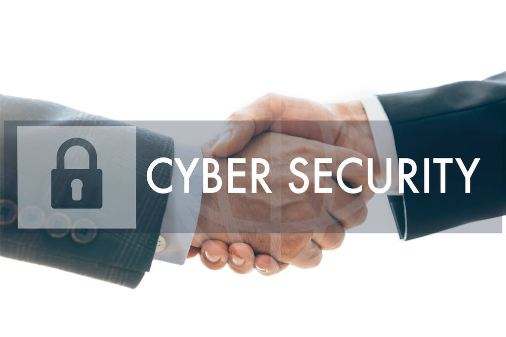 Vista cortada de parceiros de negócios handshaking e ilustração de segurança cibernética isolado em branco  - Foto, Imagem