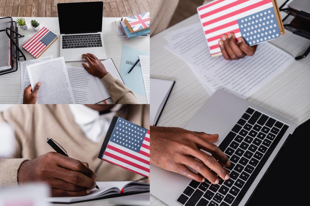 collage of african american interpreter working with documents, digital translator, laptop and dictionaries in translation agency, cropped view - Photo, Image