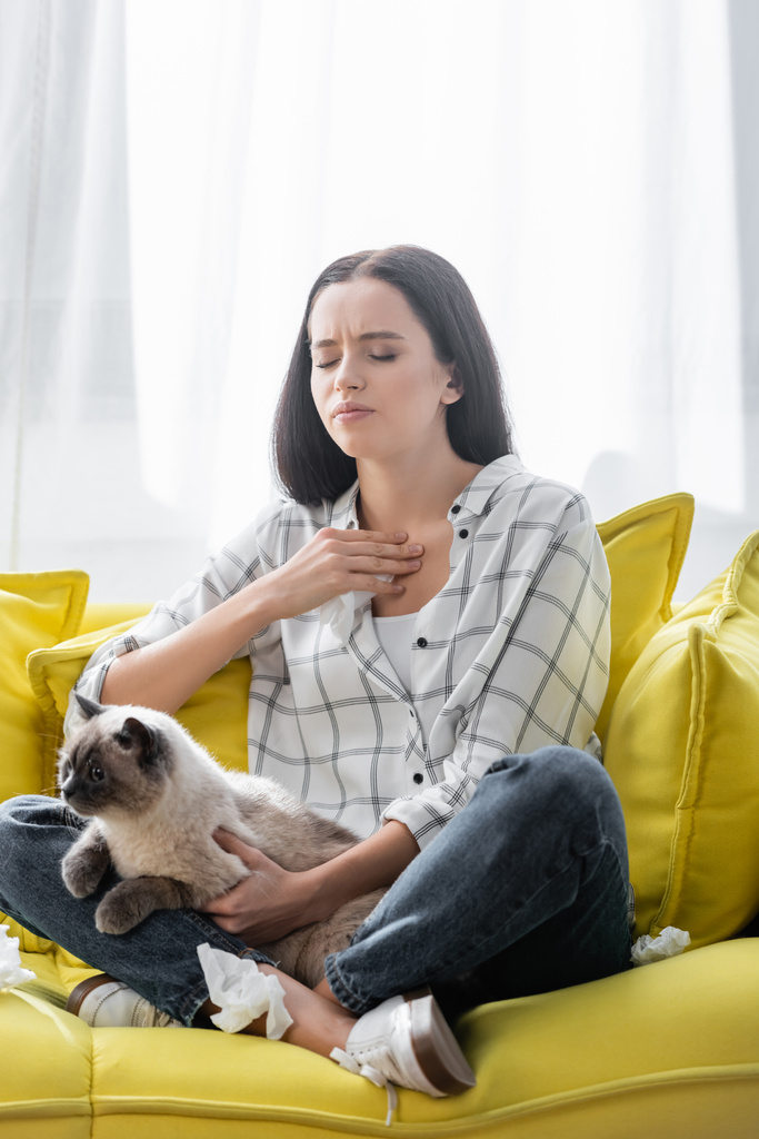 mulher alérgica com olhos fechados tocando na garganta enquanto sentado no sofá com gato - Foto, Imagem