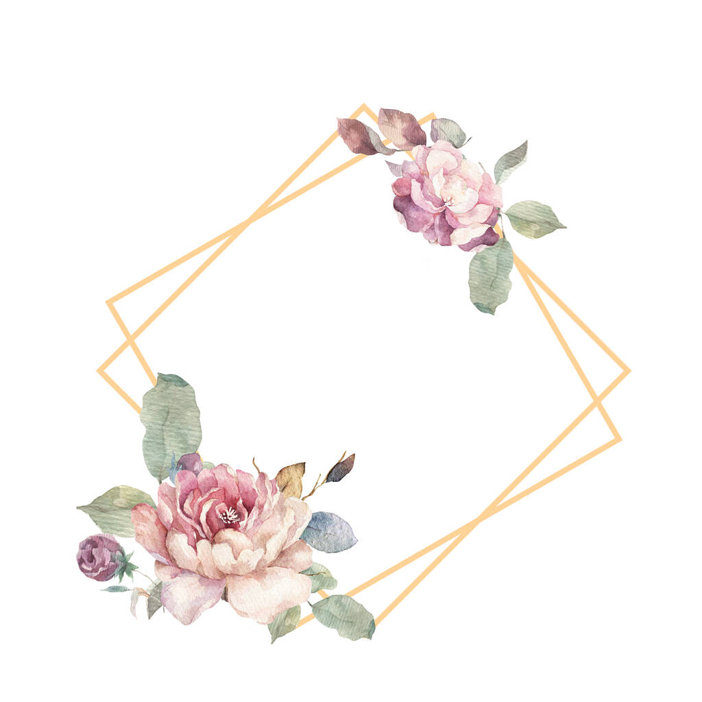 Häät Kutsu, kukka kutsua kortti, metsän kukka ja magnolia geometrinen kultainen kehys tulostaa. Valkoinen tausta - Valokuva, kuva