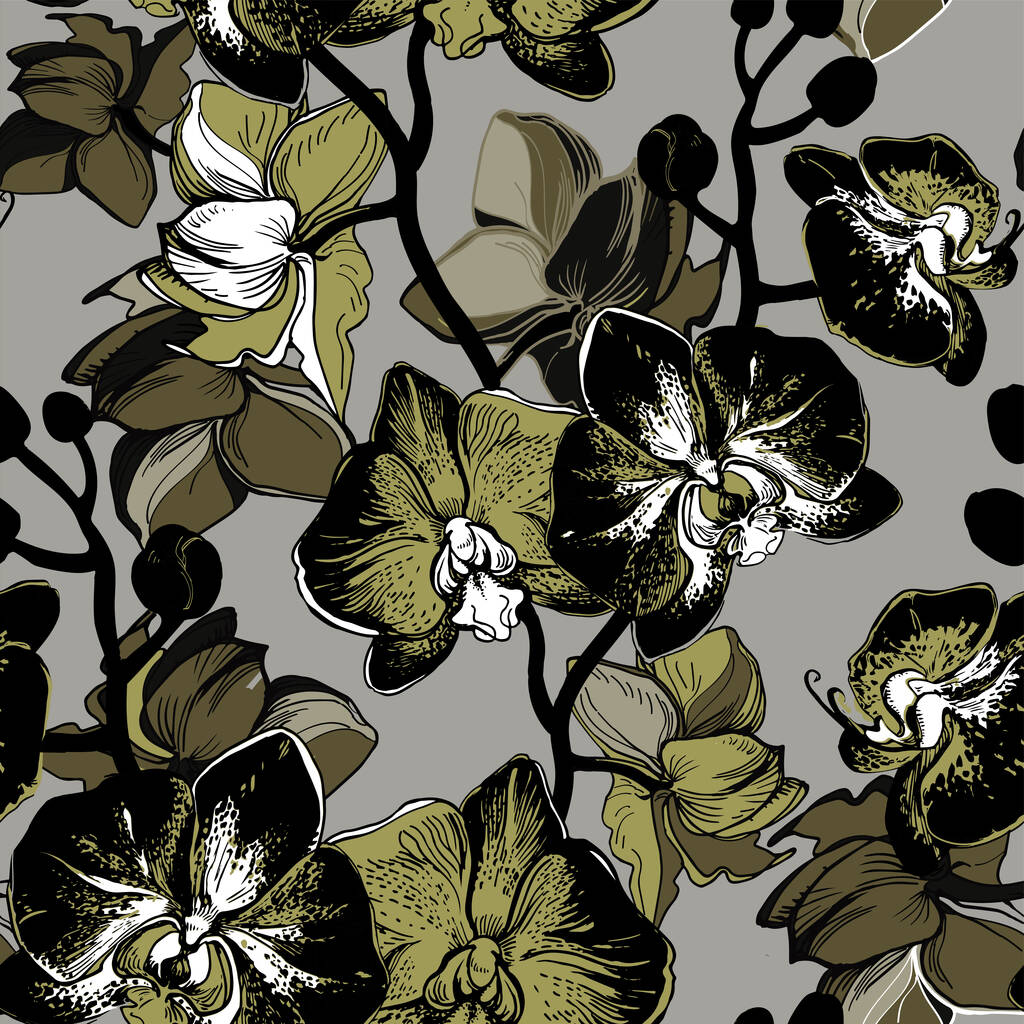 Fekete orchidea Virágok Kézzel rajzolt Közelkép a végső szürke háttér . - Vektor, kép