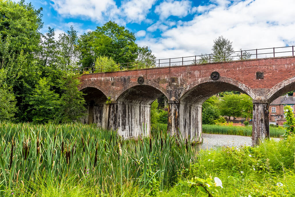 Het oude viaduct in de stad Coalbrookdale, Shropshire. UK bekeken door een rietbed - Foto, afbeelding